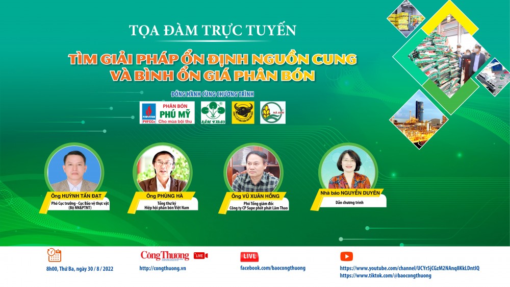 Trực tiếp 30/8: Tọa đàm “Tìm giải pháp ổn định nguồn cung và bình ổn giá phân bón”