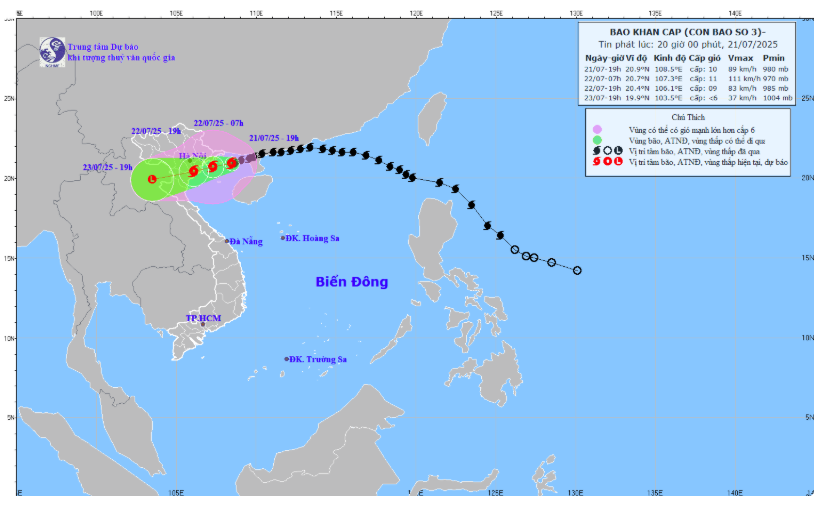 Thời tiết biển hôm nay 22/7: Tâm bão số 3 ở vùng biển Quảng Ninh, mạnh cấp 11