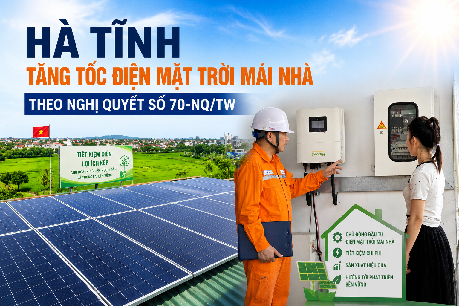 Hà Tĩnh tăng tốc điện mặt trời mái nhà theo Nghị quyết số 70-NQ/TW