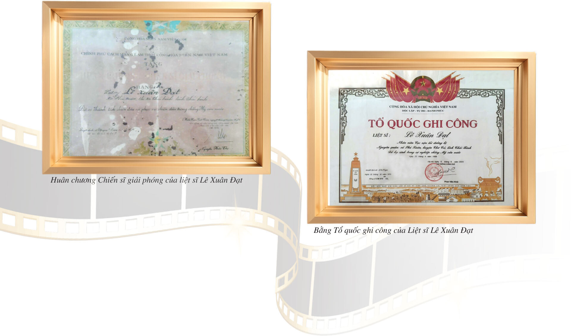 Tấm Bằng Tổ quốc ghi công và Huân chương Chiến sĩ giải phóng của Liệt sĩ Lê Xuân Đạt