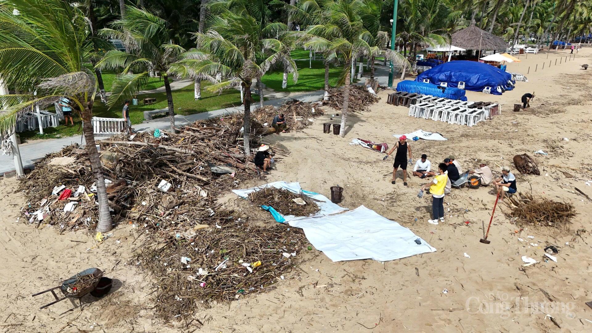 Người dân tập trung trên bãi biển Trần Phú Nha Trang từ sáng sớm để bắt đầu thu gom và phân loại rác. Ảnh: Lê Sơn