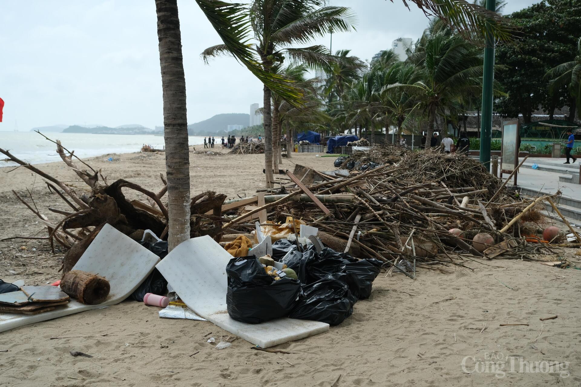 Hàng trăm tấn rác bị sóng đánh dạt vào bờ biển Trần Phú Nha Trang sau trận mưa lũ vừa qua. Ảnh: Lê Sơn