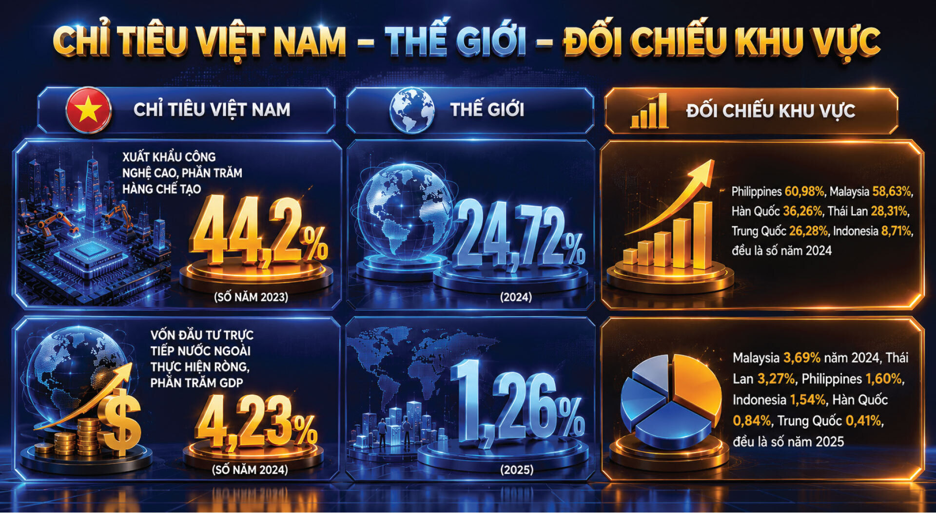 Nguồn: Ngân hàng Thế giới, Chỉ số Phát triển Thế giới, mã chỉ tiêu TX.VAL.TECH.MF.ZS và BX.KLT.DINV.WD.GD.ZS, truy xuất ngày 27/8/2026. Năm gần nhất có công bố của mỗi nền kinh tế khác nhau nên đã ghi rõ trong bảng, không được đọc như số cùng năm.