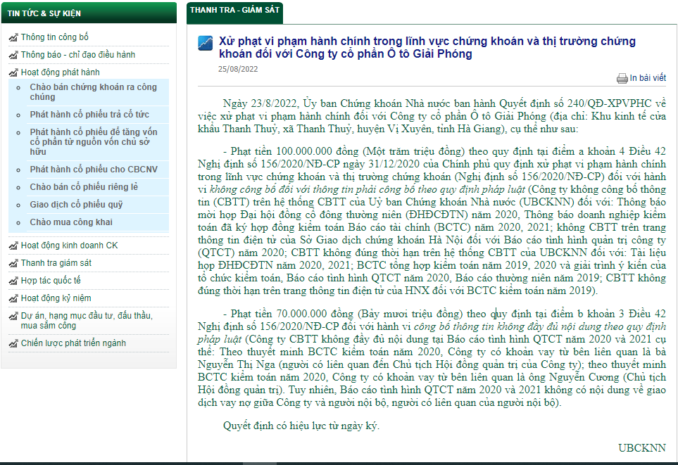 Vi phạm công bố thông tin, Công ty Ô tô Giải Phóng bị xử phạt 170 triệu đồng