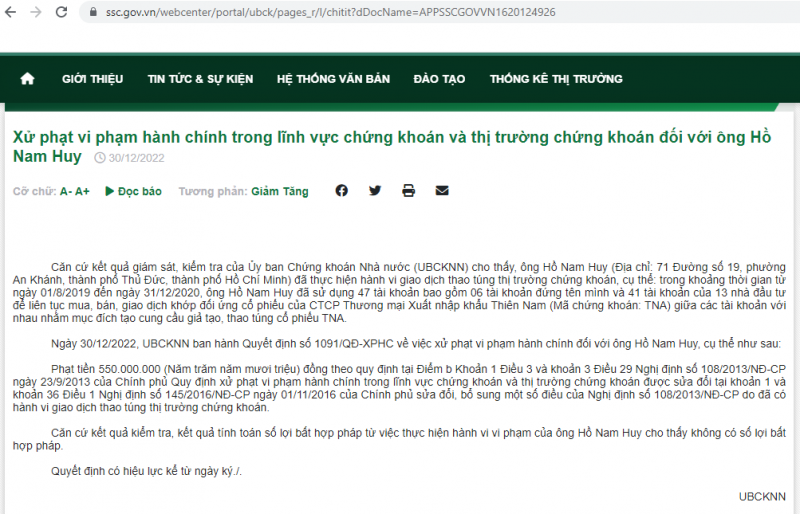 Sử dụng 47 tài khoản thao túng cổ phiếu TNA, ông Hồ Nam Huy bị xử phạt 550 triệu đồng