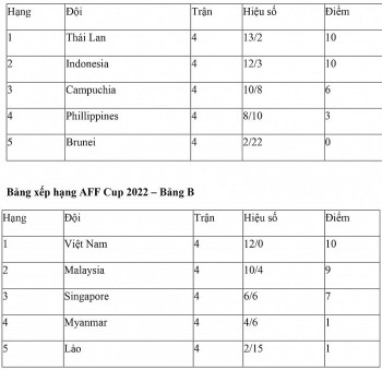 Bảng xếp hạng AFF Cup 2022 mới nhất: Việt Nam nhất bảng B gặp Indonesia ở vòng bán kết