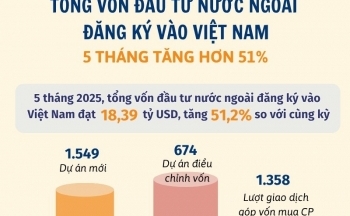 5 tháng, vốn đầu tư nước ngoài đăng ký vào Việt Nam tăng hơn 51%