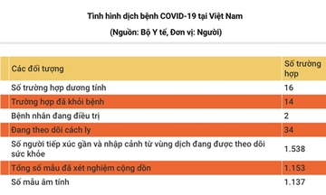 Việt Nam đã điều trị khỏi 14/16 trường hợp mắc bệnh COVID-19