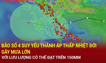 Bão số 4 suy yếu thành áp thấp nhiệt đới gây mưa lớn với lưu lượng có thể đạt trên 150mm