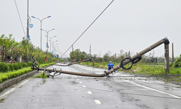 Hà Tĩnh: Khắc phục sự cố cột điện đổ gây ách tắc sau bão số 10