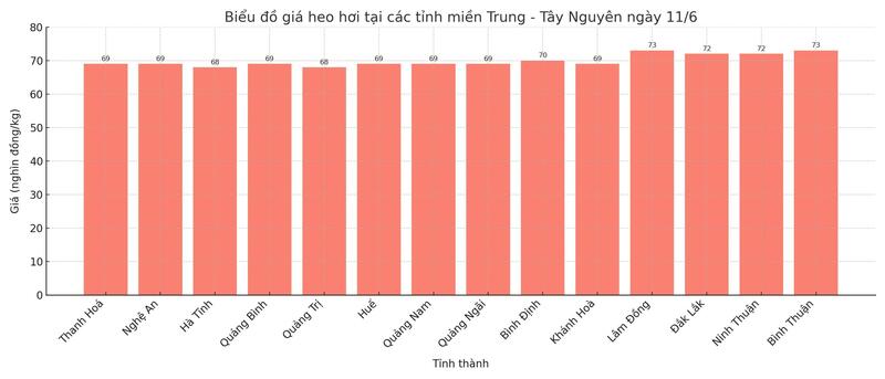 Biểu đồ giá heo hơi tại các tỉnh miền Trung - Tây Nguyên ngày 11/6.