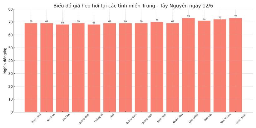 Biểu đồ giá heo hơi tại các tỉnh miền Trung - Tây Nguyên ngày 12/6.