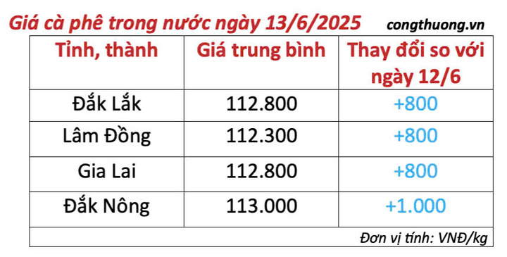 Bảng giá cà phê trong nước cập nhật chiều ngày 13/6/2025