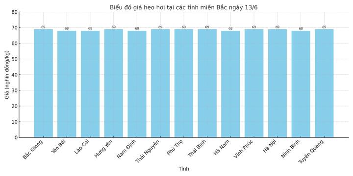 Biểu đồ giá heo hơi tại các tỉnh miền Bắc ngày 13/6.