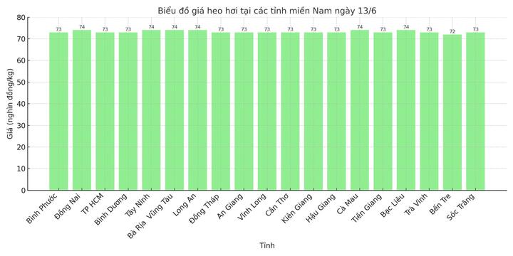 Biểu đồ giá heo hơi tại các tỉnh miền Nam ngày 13/6.
