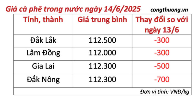 Bảng giá cà phê trong nước cập nhật chiều ngày 14/6/2025