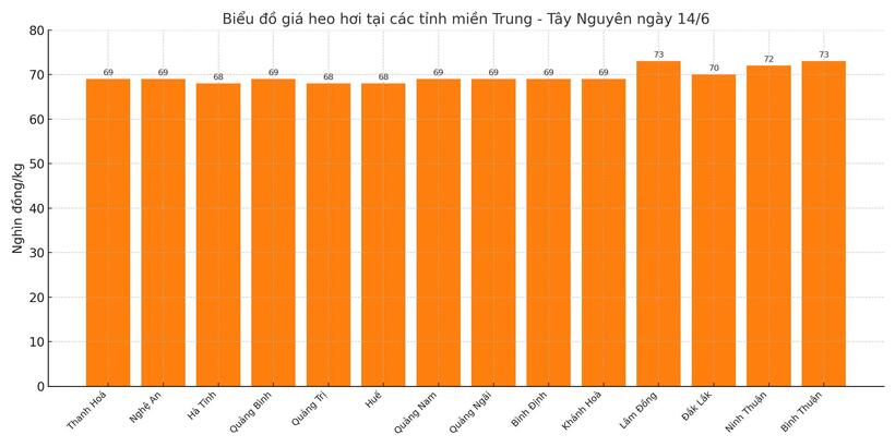 Biểu đồ giá heo hơi tại các tỉnh miền Trung - Tây Nguyên ngày 14/6.