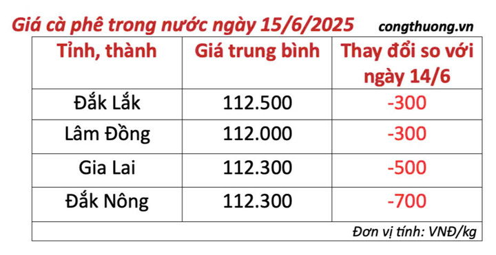 Bảng giá cà phê trong nước cập nhật sáng ngày 15/6/2025