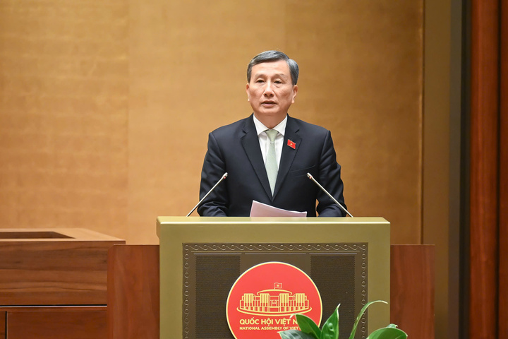 Chủ nhiệm Ủy ban Khoa học, Công nghệ và Môi trường của Quốc hội Lê Quang Huy báo cáo thẩm tra. Ảnh: VPQH