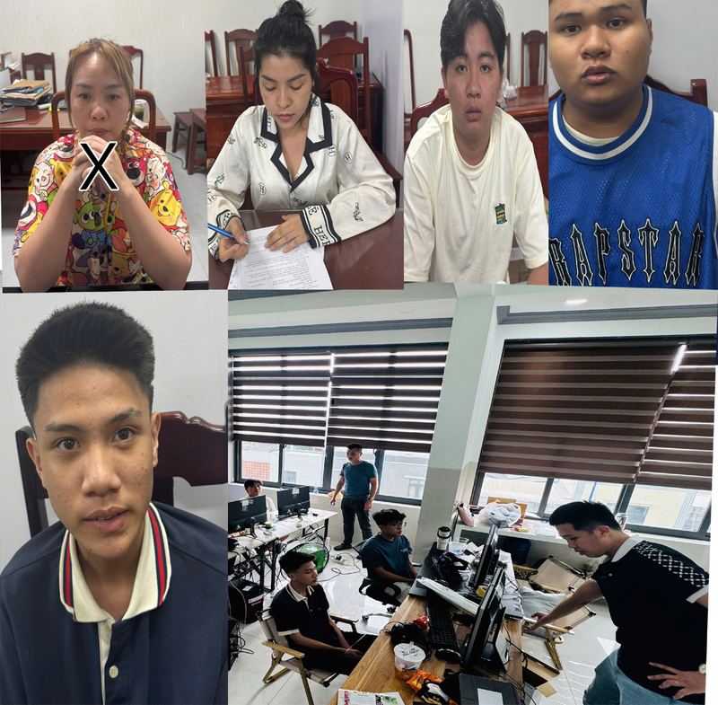 Đối tượng Nguyễn Thị Hồng Nhung (dấu X) và các đối tượng trong ổ nhóm lừa đảo bị bắt giữ. Ảnh: Thái Thanh
