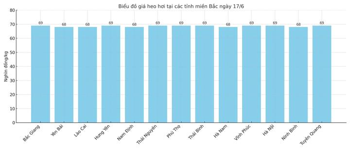 Biểu đồ giá heo hơi tại các tỉnh thành miền Bắc ngày 17/6.
