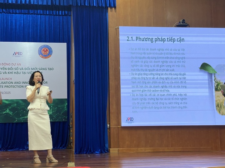 Bà Nguyễn Việt Huệ thành viên Ban quản lý dự án Trung tâm chuyển đổi kép - chuyển đổi số và đổi mới sáng tạo nhằm bảo vệ môi trường, khí hậu Việt Nam phát biểu
