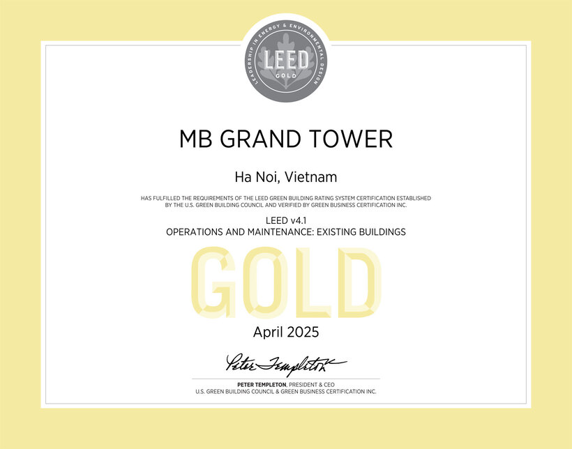 حصل برج MB على شهادة LEED الذهبية من مجلس المباني الخضراء في الولايات المتحدة (USGBC).