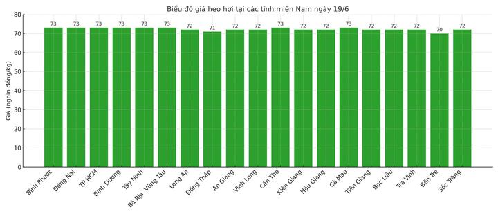 Biểu đồ giá heo hơi tại các tỉnh miền Nam ngày 19/6.