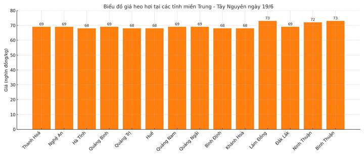 Biểu đồ giá heo hơi tại các tỉnh miền Trung - Tây Nguyên ngày 19/6.