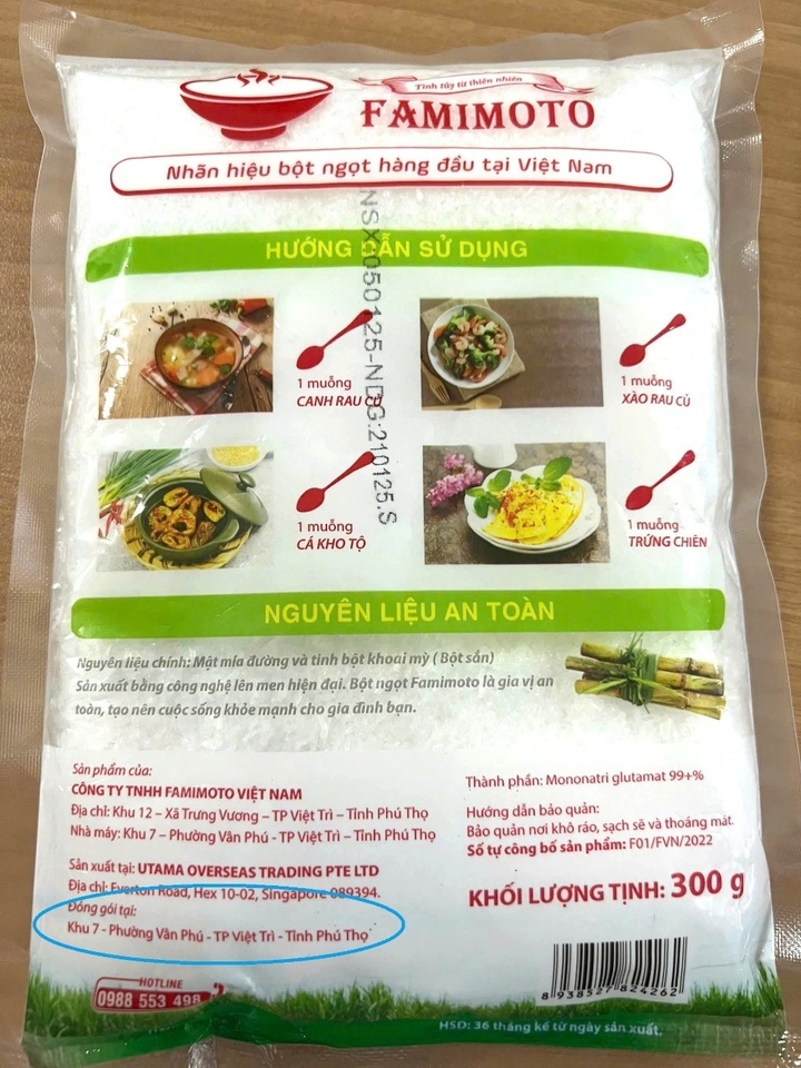 Bao bì của sản phẩm bột ngọt nhập khẩu không rõ nguồn gốc được san chia, đóng gói lại chỉ ghi các cụm từ như: "Đóng gói tại", "Phối trộn tại", "Hoàn tất tại" hoặc "Cơ sở đóng gói"