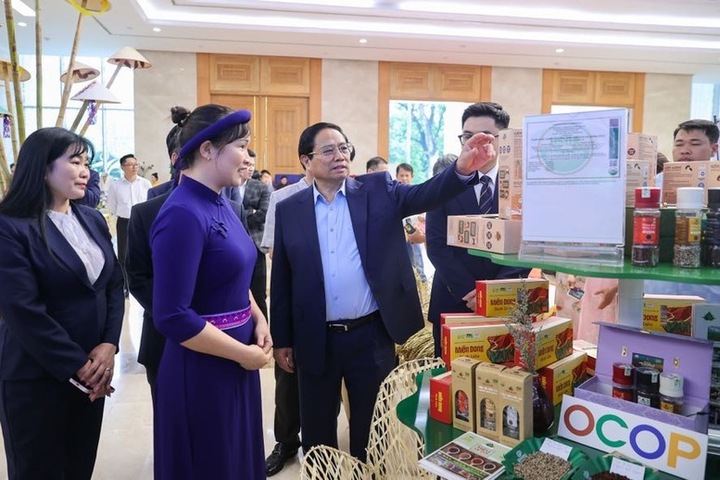 Thủ tướng Phạm Minh Chính cùng các đại biểu đã tham quan các gian trưng bày các sản phẩm nông nghiệp tiêu biểu - Ảnh: VGP/Nhật Bắc