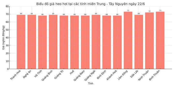 Biểu đồ giá heo hơi tại các tỉnh miền Trung - Tây Nguyên ngày 22/6.