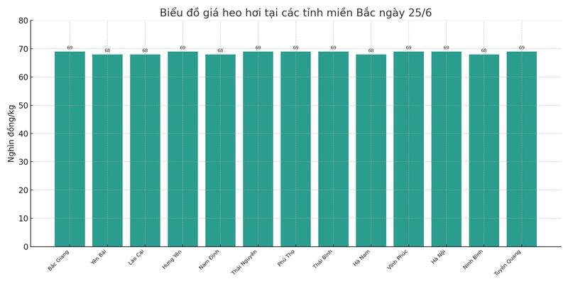 Biểu đồ giá heo hơi tại các tỉnh miền Bắc ngày 25/6.