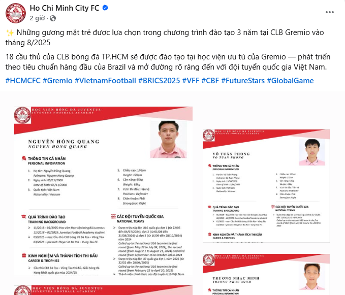 Câu lạc bộ TP. Hồ Chí Minh công bố danh sách 18 gương mặt trẻ xuất sắc được lựa chọn tham gia chương trình đào tạo 3 năm tại Câu lạc bộ Gremio. Ảnh: Câu lạc bộ TP. Hồ Chí Minh