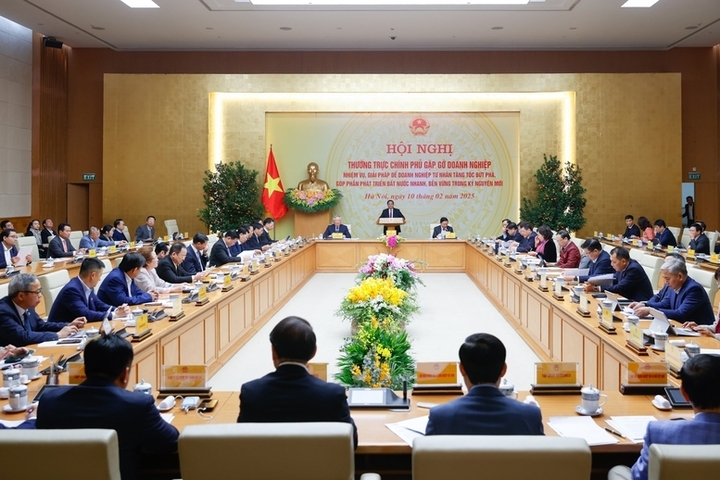 Thường trực Chính phủ có cuộc gặp gỡ doanh nghiệp về nhiệm vụ, giải pháp để doanh nghiệp tư nhân tăng tốc, bứt phá, góp phần phát triển đất nước nhanh, bền vững trong kỷ nguyên mới, ngày 10/2/2025. Ảnh: VGP/Nhật Bắc