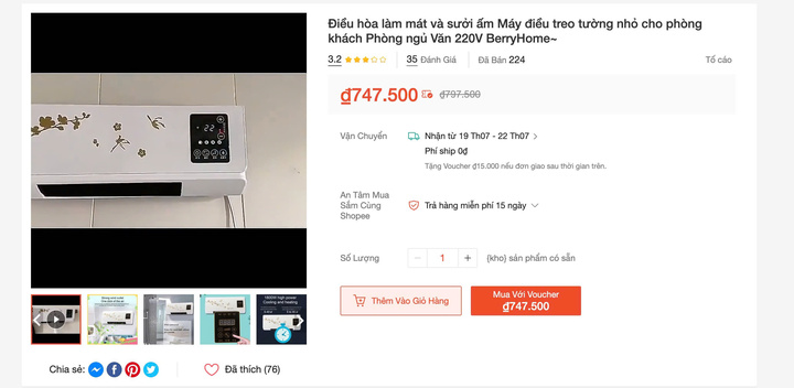 Điều hoà mini treo tường giá chỉ chưa đầy 800.000 đồng trên sàn thương mại điện tử. Ảnh chụp màn hình