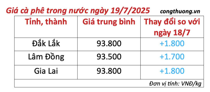 Bảng giá cà phê trong nước cập nhật chiều ngày 19/7/2025