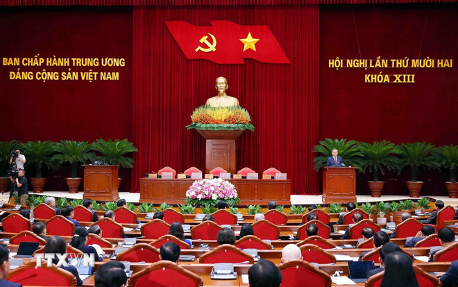 Quang cảnh phiên bế mạc Hội nghị lần thứ 12 Ban Chấp hành Trung ương Đảng khóa XIII. Ảnh: TTXVN