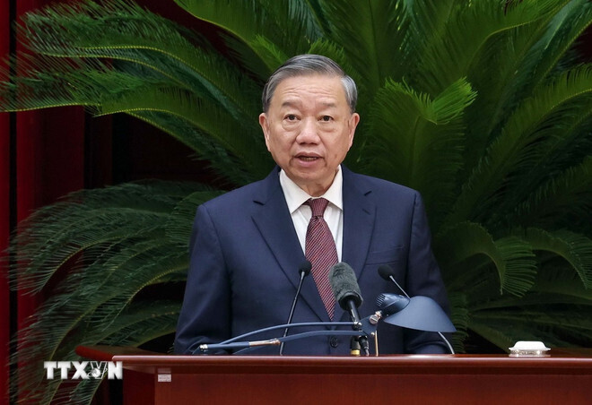 Tổng Bí thư Tô Lâm phát biểu bế mạc Hội nghị lần thứ 12 Ban Chấp hành Trung ương Đảng khóa XIII. Ảnh: TTXVN