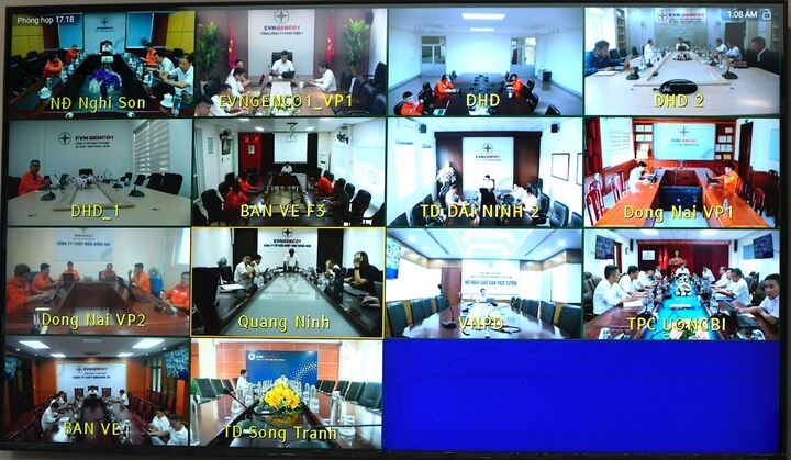 Cuộc họp kết nối trực tuyến từ điểm cầu trụ sở EVNGENCO1 tới các đơn vị liên quan trong Tổng công ty. Ảnh: EVNGENCO1