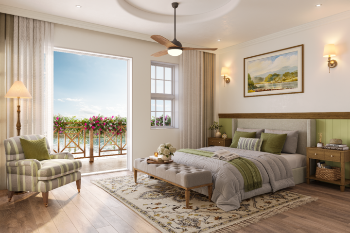 Phòng ngủ nhìn ra mặt nước của một biệt thự đơn lập