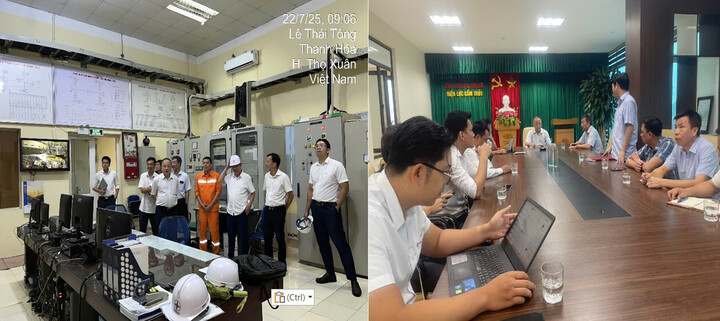 Phó Tổng Giám đốc EVNNPC Vũ Anh Phương cùng đại diện lãnh đạo một số Ban chuyên môn của Tổng công ty kiểm tra thực tế công tác ứng phó cơn bão số 3 (Wipha) tại PC Thanh Hóa