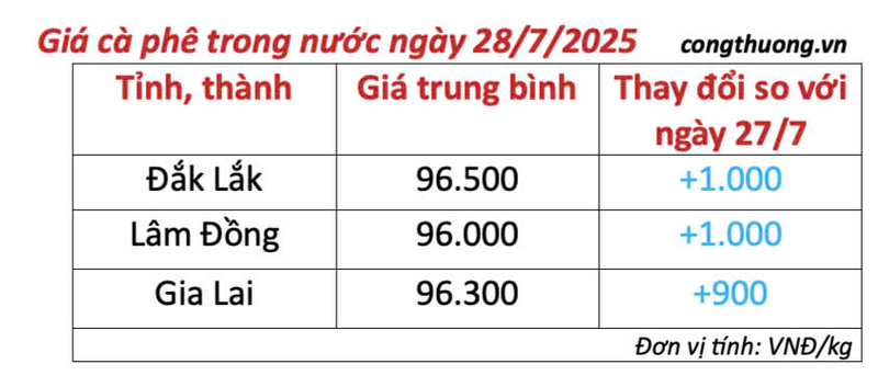 Bảng giá cà phê trong nước cập nhật chiều ngày 28/7/2025