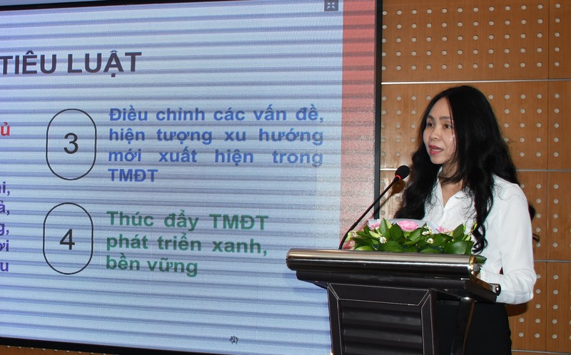 Đại diện Cục Thương mại điện tử và Kinh tế số (Bộ Công Thương) trình bày báo cáo dẫn đề tại hội thảo. Ảnh: Minh Khuê.