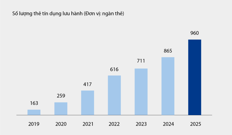 Biểu đồ: Số lượng thẻ tín dụng lưu hành tại VIB từ 2019 -  6 tháng 2025