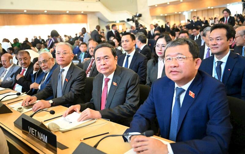 Chủ tịch Quốc hội Trần Thanh Mẫn và Đoàn đại biểu cấp cao Quốc hội Việt Nam dự Lễ khai mạc.Ảnh: Báo ĐBND