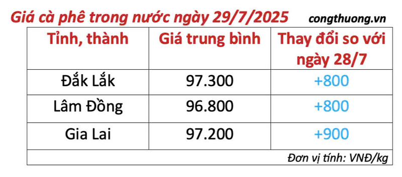 Bảng giá cà phê trong nước cập nhật chiều ngày 29/7/2025