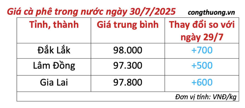 Bảng giá cà phê trong nước cập nhật chiều ngày 30/7/2025
