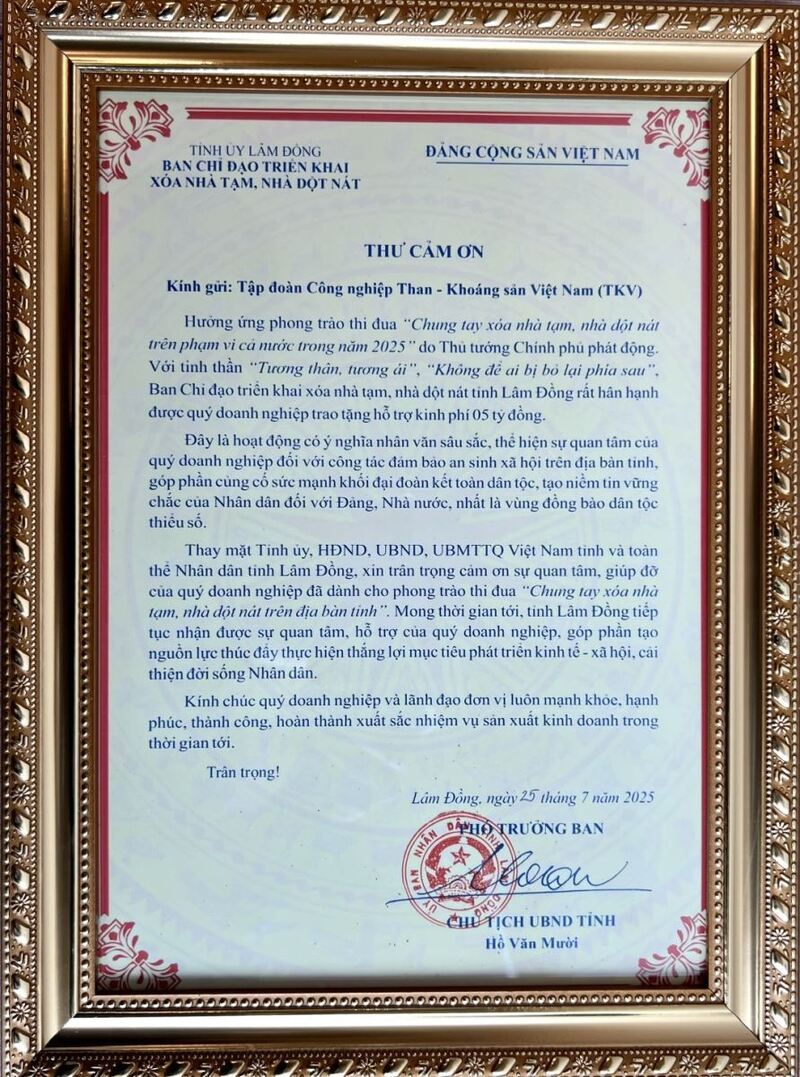Thư cảm ơn của lãnh đạo tỉnh Lâm Đồng gửi Tập đoàn TKV