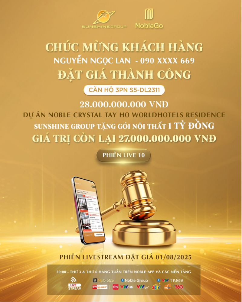 Khách hàng Nguyễn Ngọc Lan còn được Sunshine Group được tặng gói nội thất trị giá 1 tỷ đồng hoặc trừ trực tiếp 1 tỷ đồng vào giá trị căn hộ tùy nhu cầu.